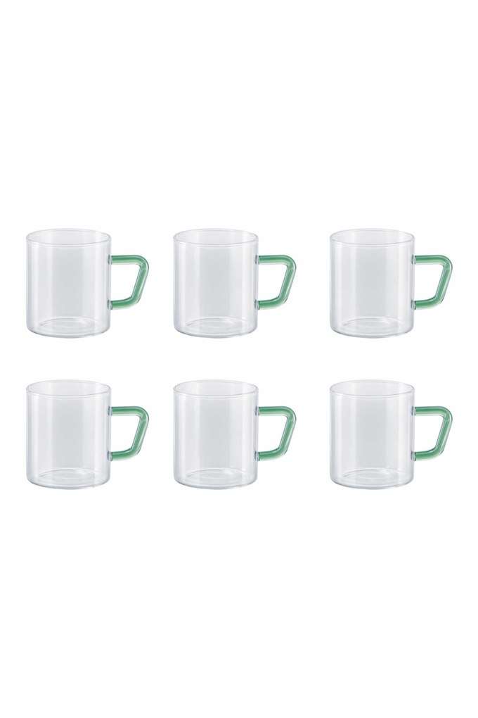 Vision-Tea-N-Coffee-Glass-Mug-Set-Of-6---Microwave-Safe-Green-Handle-190-ml