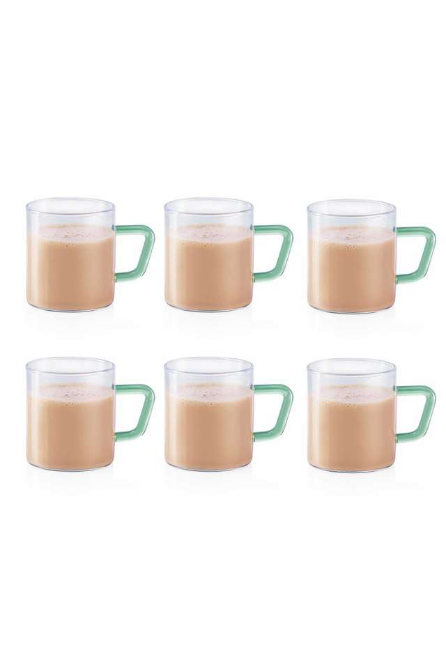 Vision-Tea-N-Coffee-Glass-Mug-Set-Of-6---Microwave-Safe-Green-Handle-190-ml