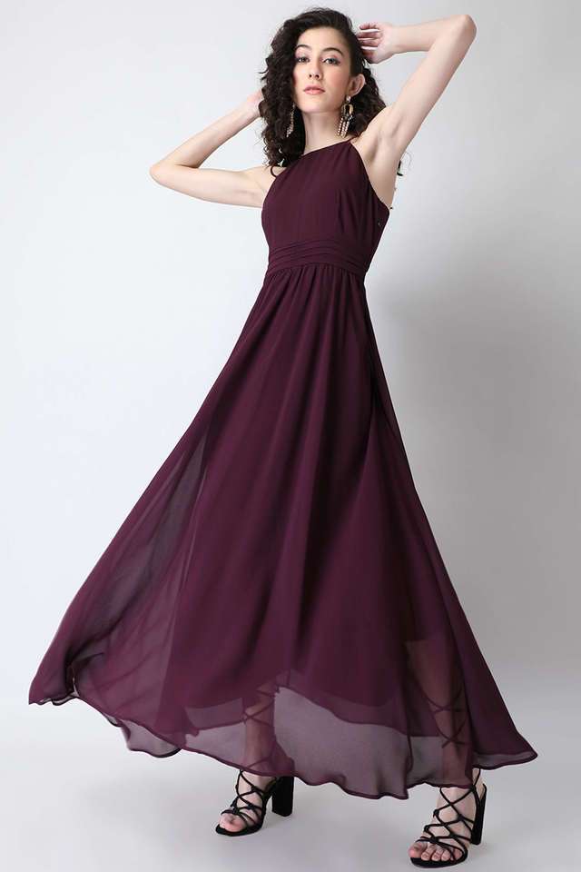 Buy FabAlley Purple Solid Halter Neck Georgette Women's Maxi Dress
