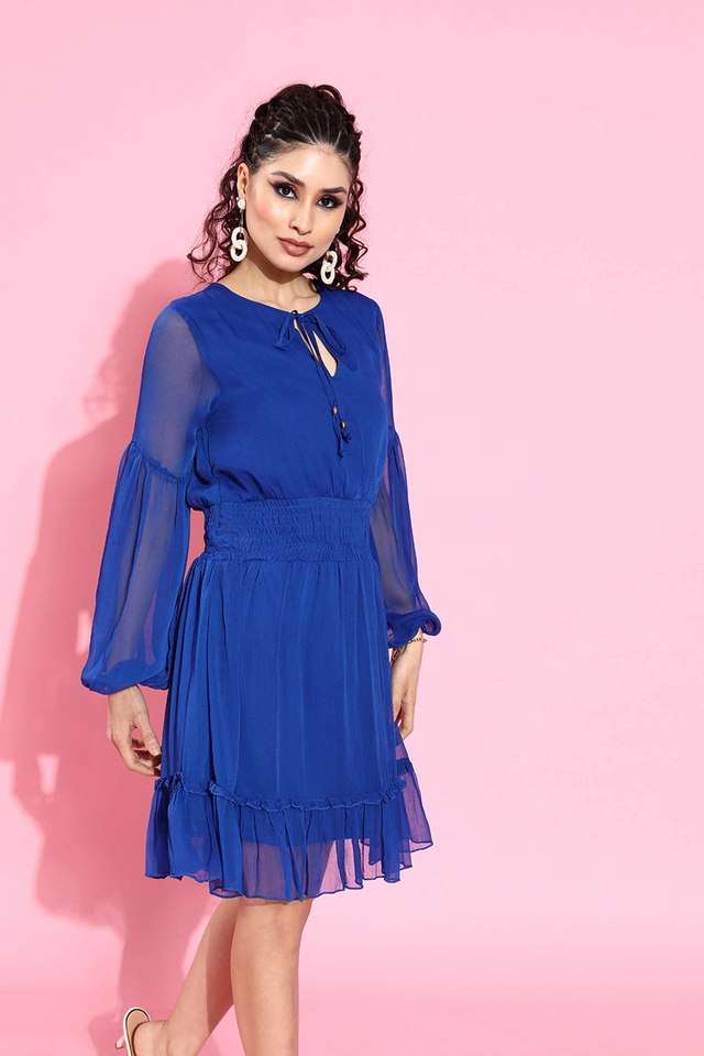 Solid Tie Up Neck Polyester Women Dress-image-14