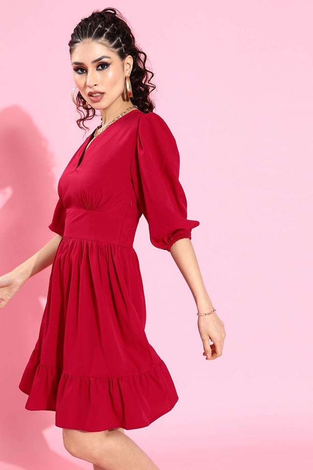 sera Solid V-Neck Polyester Women Dress-picture-32