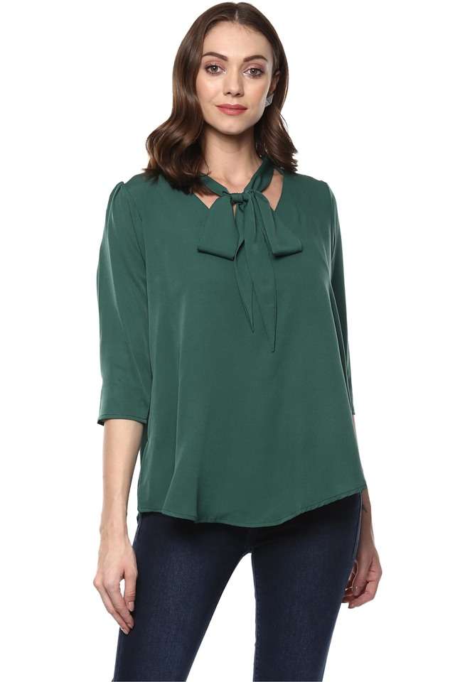qurvii Solid Crepe Tie Up Neck Women Top-picture-39