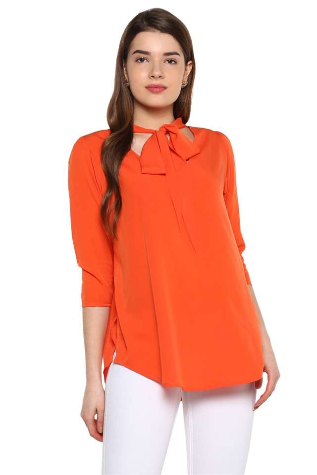 qurvii Solid Crepe Tie Up Neck Women Top-picture-26