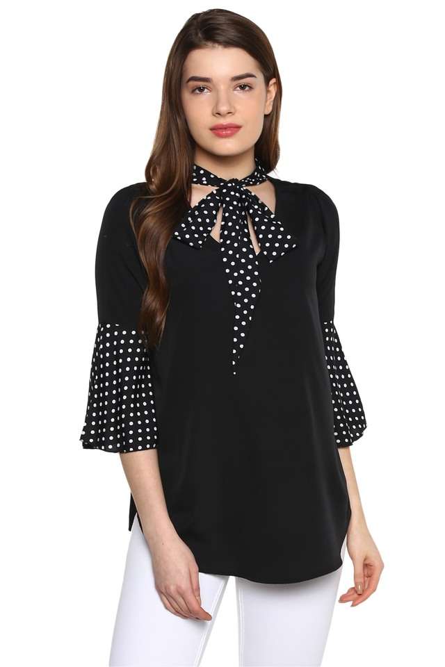 qurvii Polka Dots Crepe Tie Up Neck Women Top-picture-36