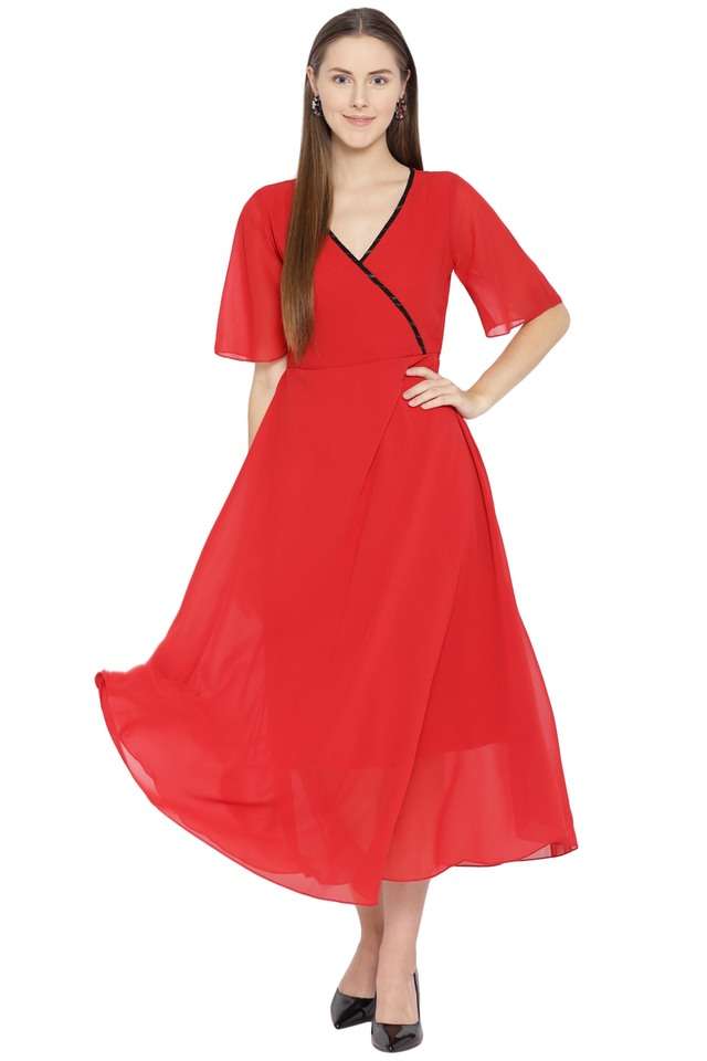 qurvii Solid V-Neck Georgette Women Dress-picture-36