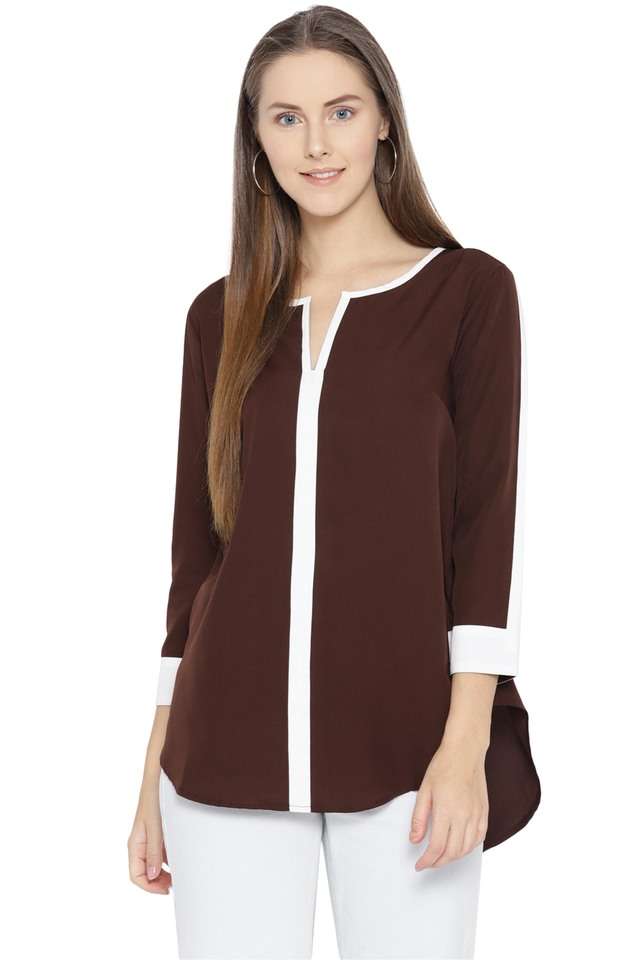 qurvii Color Block Crepe Round Neck Women Top-picture-13