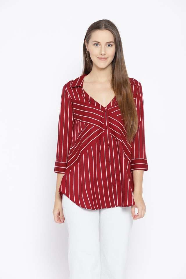qurvii Stripes Crepe Collared Women Top-picture-22