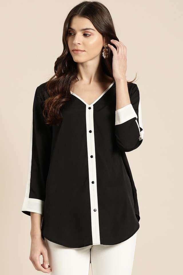 Color-Block-Crepe-V-Neck-Womens-Top