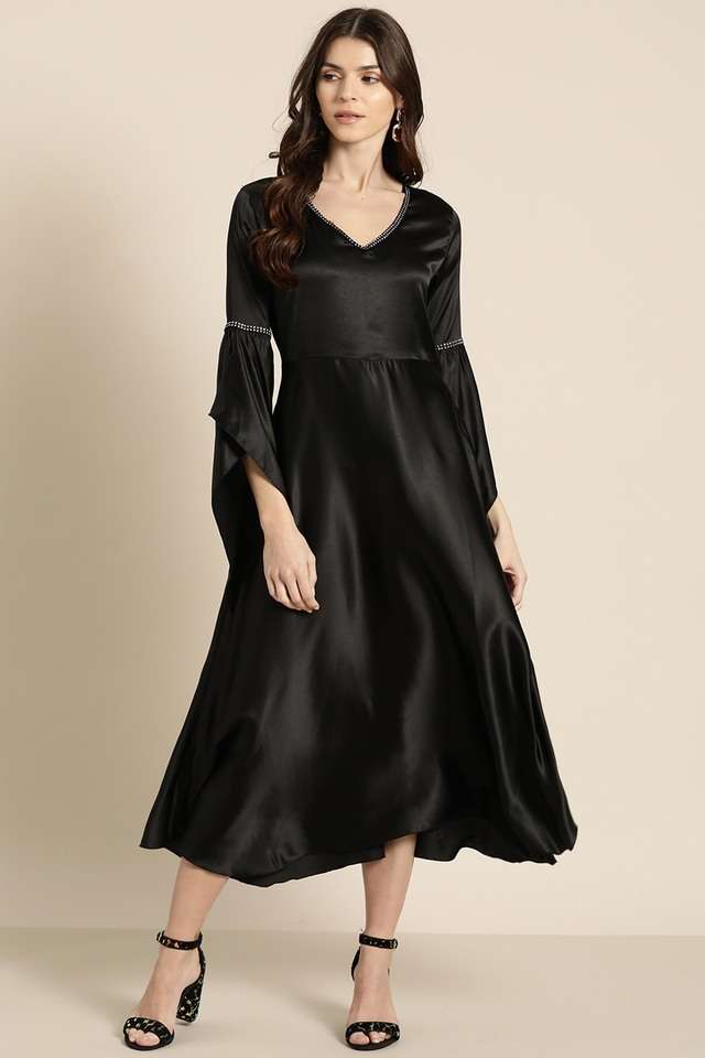 qurvii Solid V-Neck Satin Women Dress-picture-29