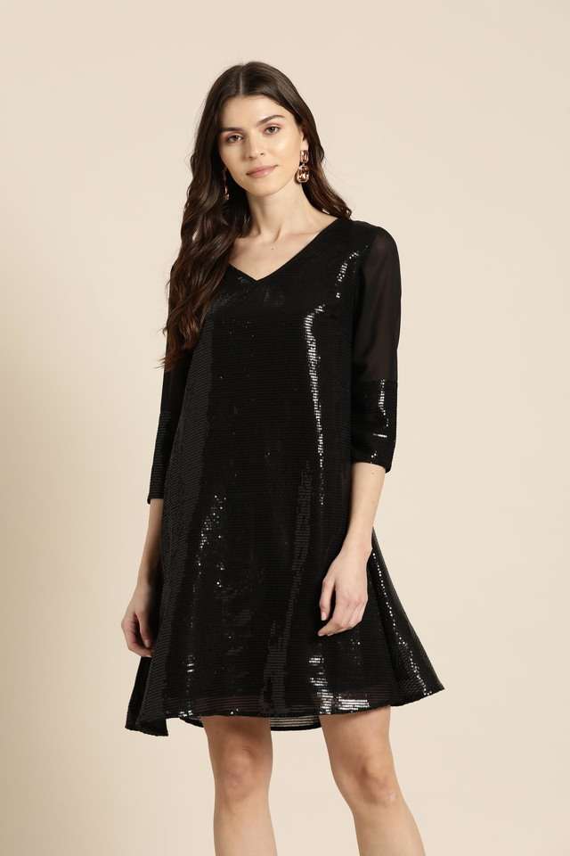 qurvii Solid V-Neck Polyester Women Dress-picture-14