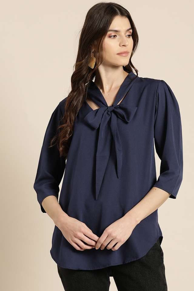 qurvii Solid Crepe Tie Up Neck Women Top-picture-27
