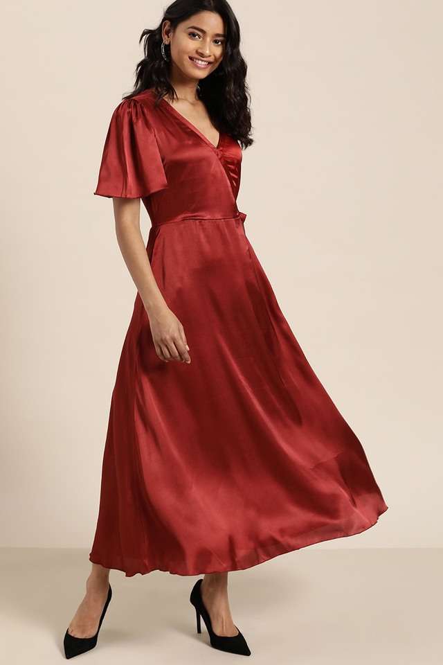 qurvii Solid V-Neck Satin Women Dress-picture-16