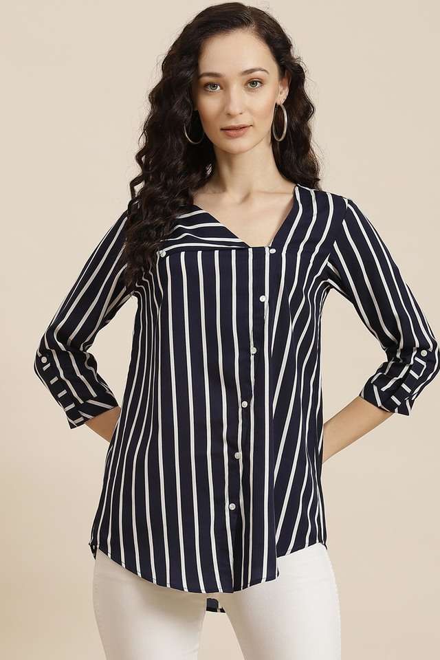 qurvii Stripes V-Neck Crepe Women Casual Wear Shirt-picture-14