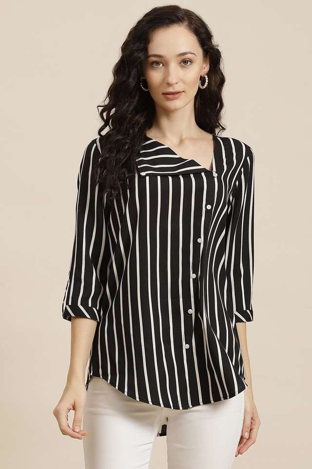 qurvii Stripes V-Neck Crepe Women Casual Wear Shirt-picture-15