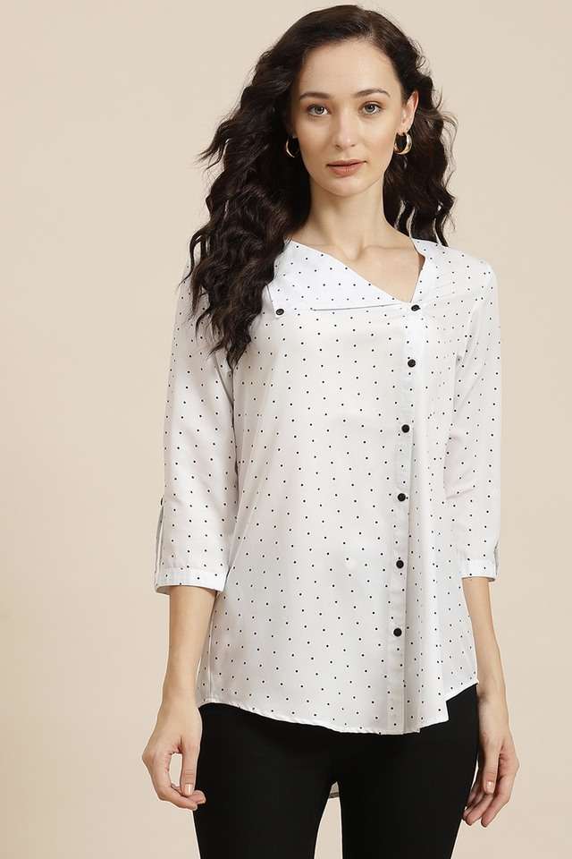 qurvii Polka Dots V-Neck Crepe Women Casual Wear Shirt-picture-36