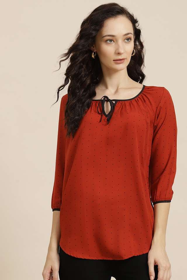 qurvii Polka Dots Crepe Tie Up Neck Women Top-picture-27