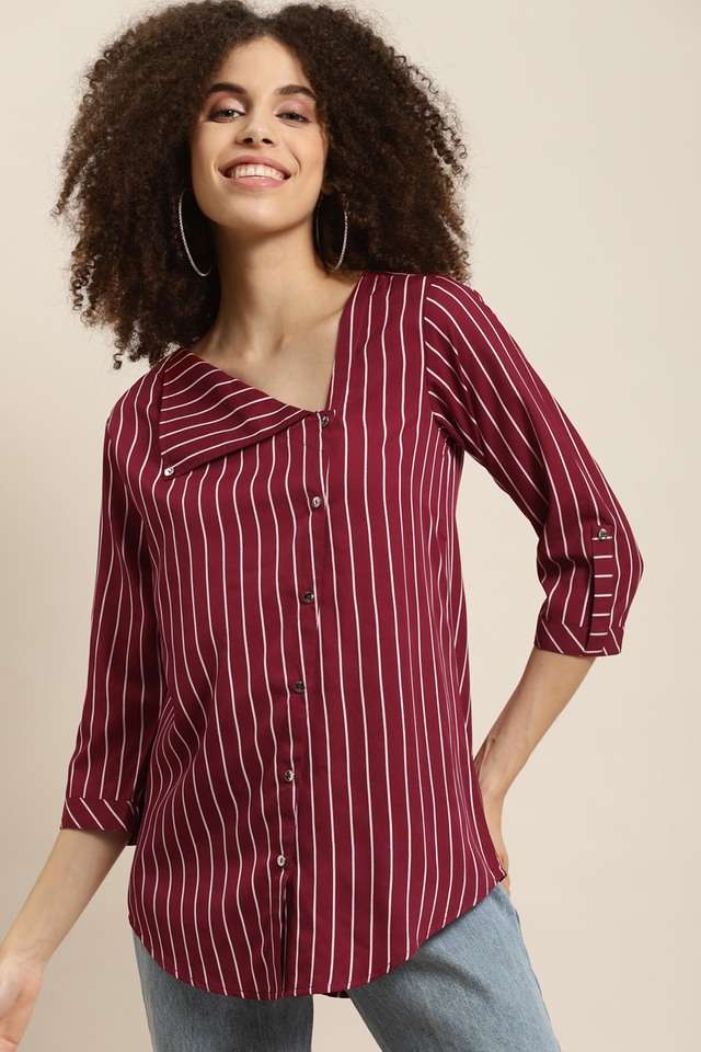 qurvii Stripes V-Neck Crepe Women Casual Wear Shirt-picture-13