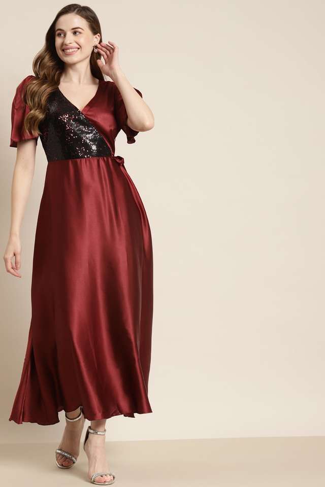 qurvii Solid V-Neck Satin Women Dress-picture-17