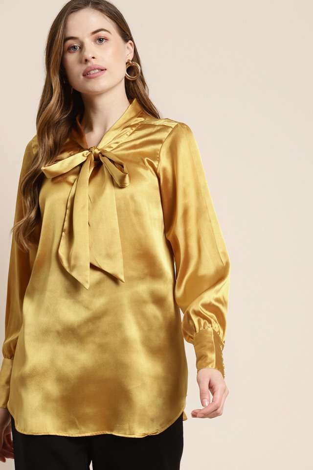 Solid Satin Tie Up Neck Women Top-image-22