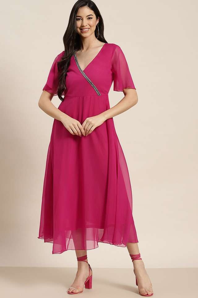 qurvii Solid V-Neck Georgette Women Dress-picture-30