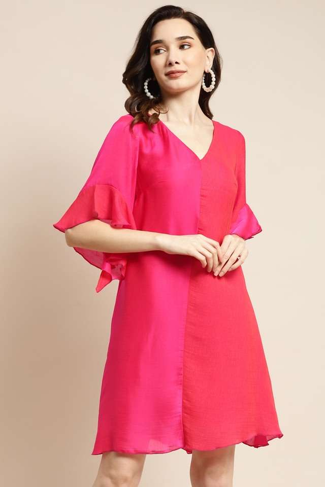 qurvii Color Block V-Neck Silk Women Dress-picture-34
