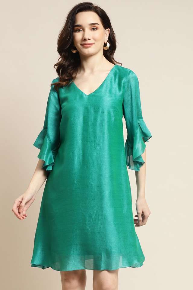 qurvii Solid V-Neck Blended Fabric Women Dress-picture-17