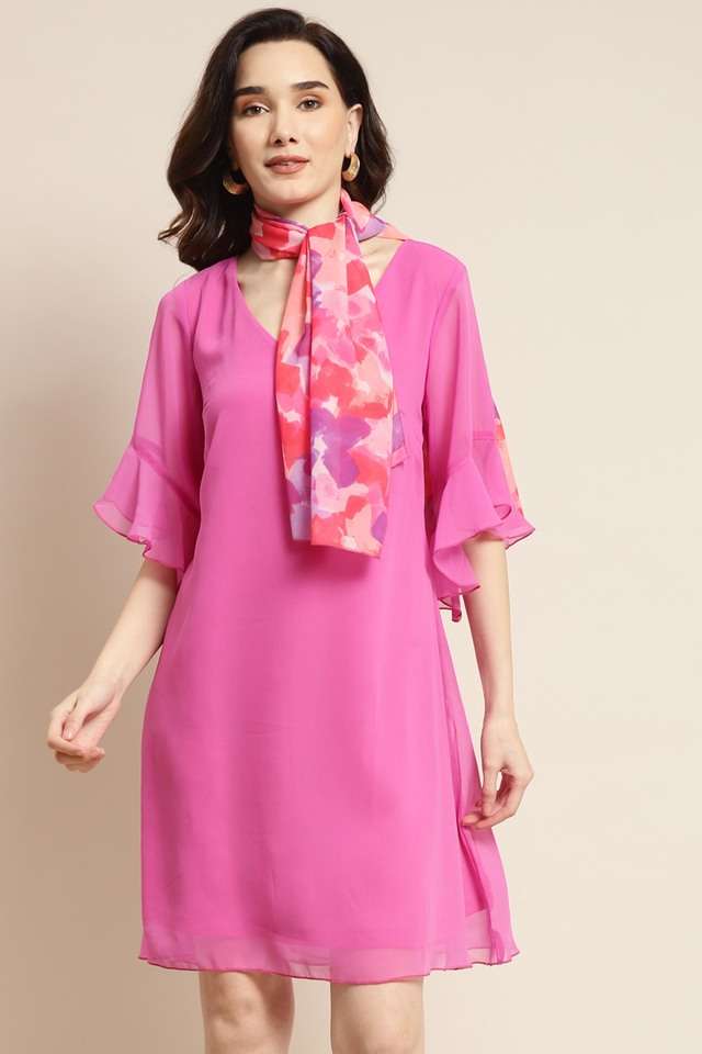 qurvii Solid V-Neck Georgette Women Dress-picture-31