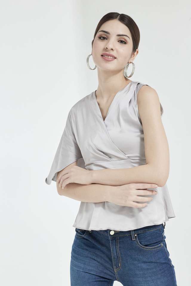 Solid-Satin-V-Neck-Womens-Top