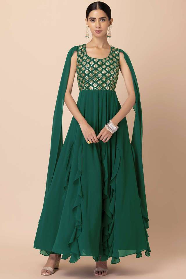 Buy Indya green Embroidered Georgette Round Neck Women's Party Wear Kurta |  Shoppers Stop