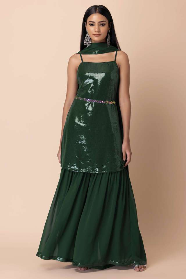 Buy Indya green Embroidered Mid Thigh Georgette Women's Kurta Set |  Shoppers Stop