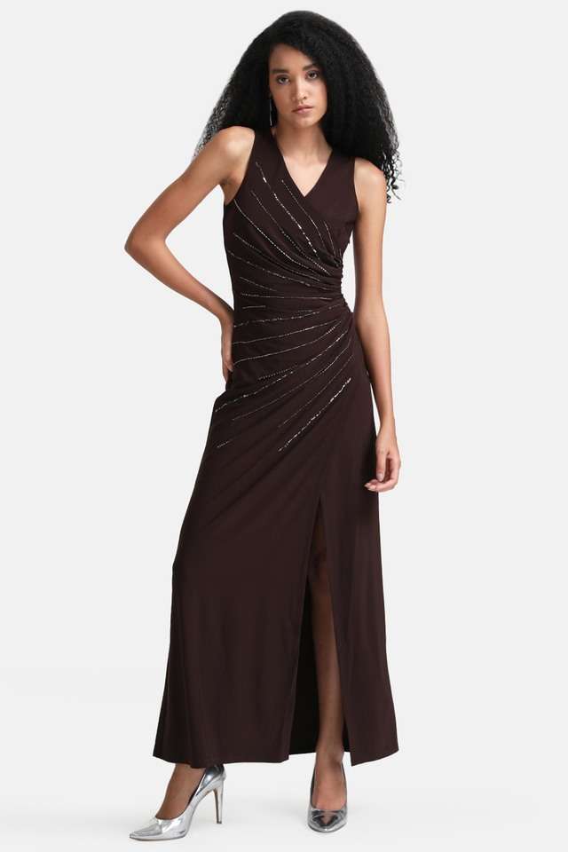 chinese dress ladies Wrap Black Solid Midi Dress for Women