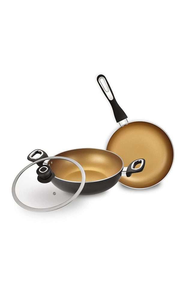 Optimum-Gold-Non-Stick-3Pc-Kadhai-with-Glass-Lid-24cm-2.5L -Frypan-24cm-Cookware-Set