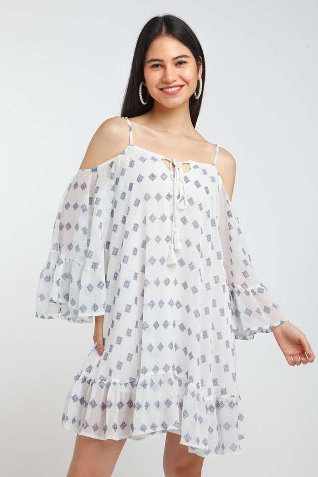zink london Printed Polyester Tie Up Neck Women's Midi Dress-picture-45