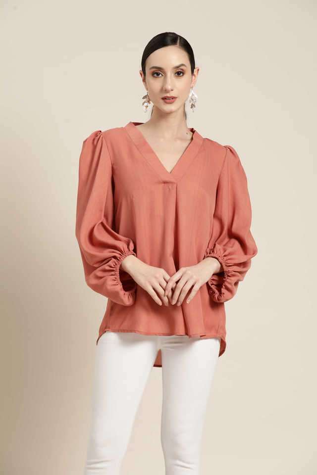 qurvii Solid Blended Fabric V-Neck Women Top-picture-21