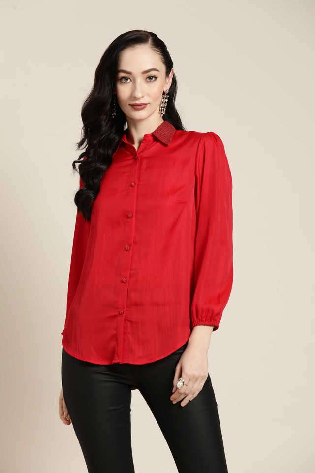 qurvii Embellished Collared Silk Women Casual Wear Shirt-picture-28