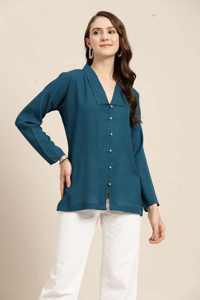 qurvii Solid Blended Fabric Collared Women Top-picture-36