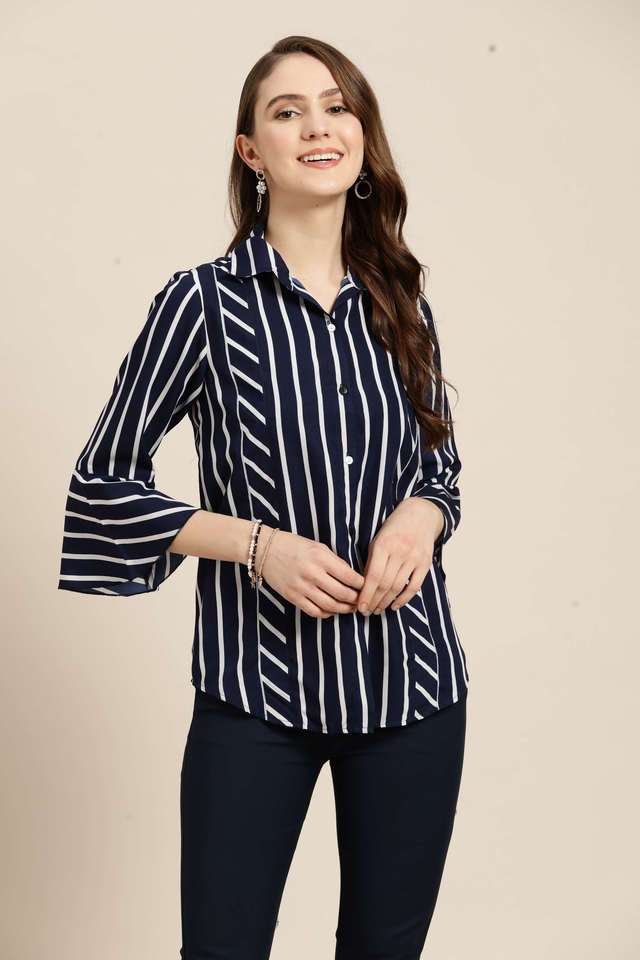 qurvii Stripes Collared Crepe Women Casual Wear Shirt-picture-13