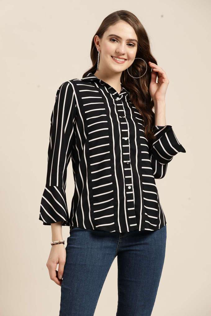 qurvii Stripes Collared Crepe Women Casual Wear Shirt-picture-15