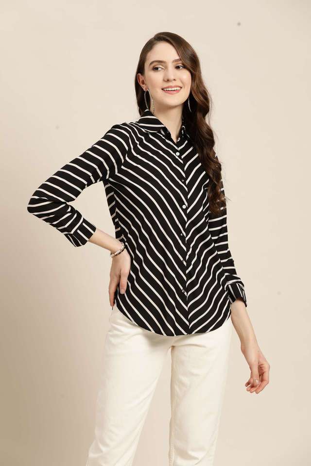 qurvii Stripes Collared Crepe Women Casual Wear Shirt-picture-26