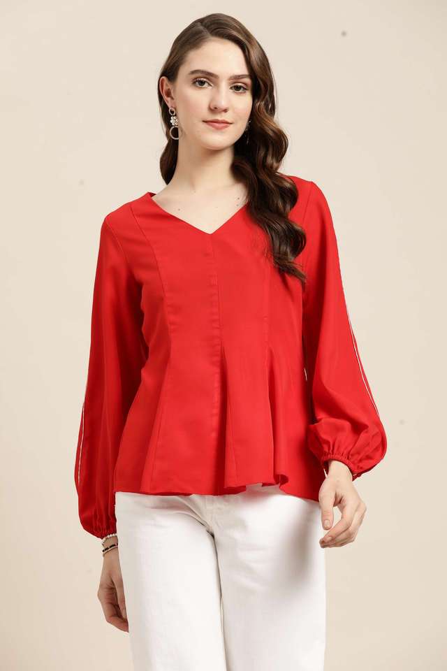 qurvii Solid Crepe V-Neck Women Top-picture-37