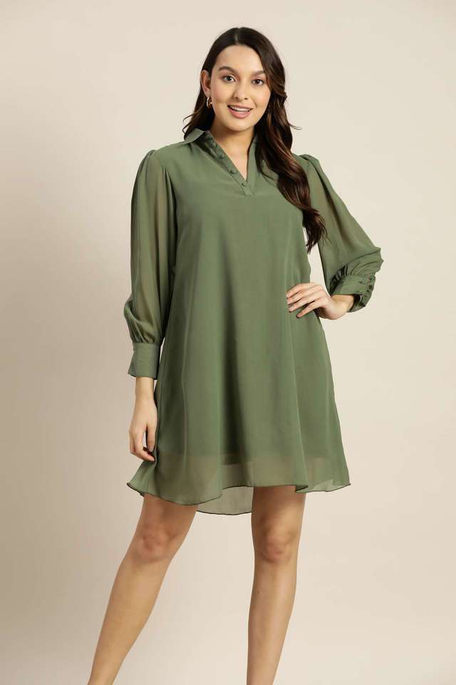 qurvii Solid Collared Georgette Women Dress-picture-24