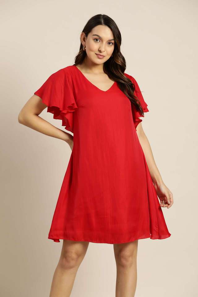qurvii Solid V-Neck Blended Fabric Women Dress-picture-37