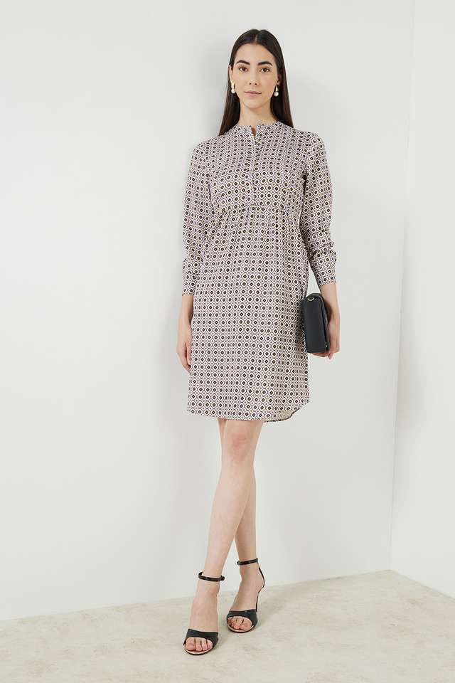 Printed-Round-Neck-Polyester-Women-s-Knee-Length-Dress