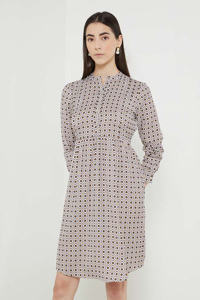 Printed-Round-Neck-Polyester-Women-s-Knee-Length-Dress