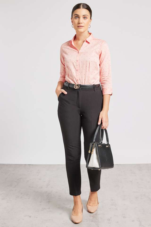 Solid-Polyester-Blend-Collar-Neck-Women-s-Shirt