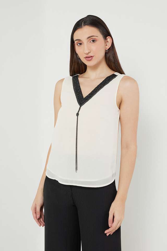 Solid-Polyester-V-Neck-Women-s-Top