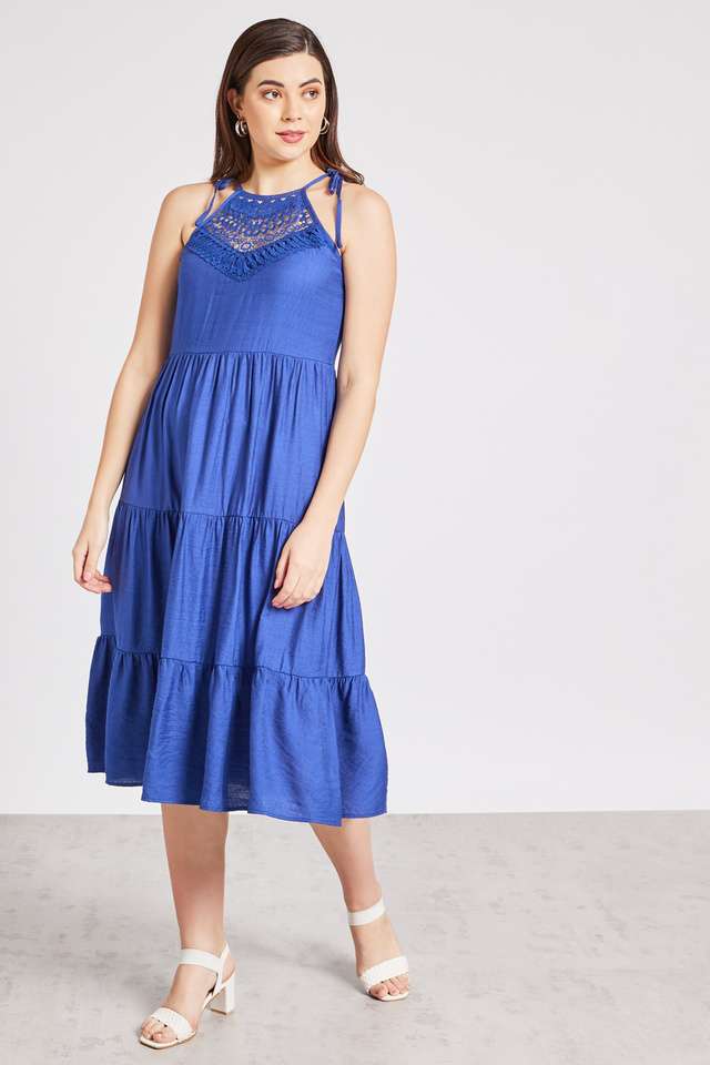 Solid-Polyester-Halter-Neck-Women-s-A-Line-Dress