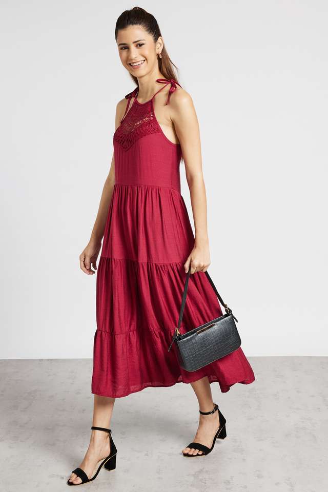 Solid-Polyester-Halter-Neck-Women-s-A-Line-Dress