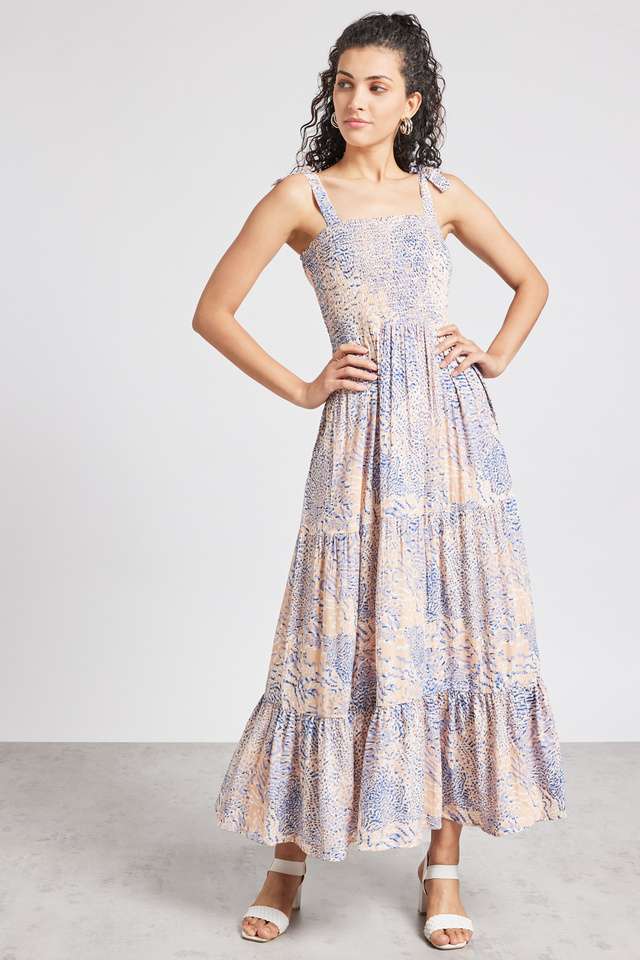 Printed-Viscose-Blend-Square-Neck-Women-s-Midi-Dress