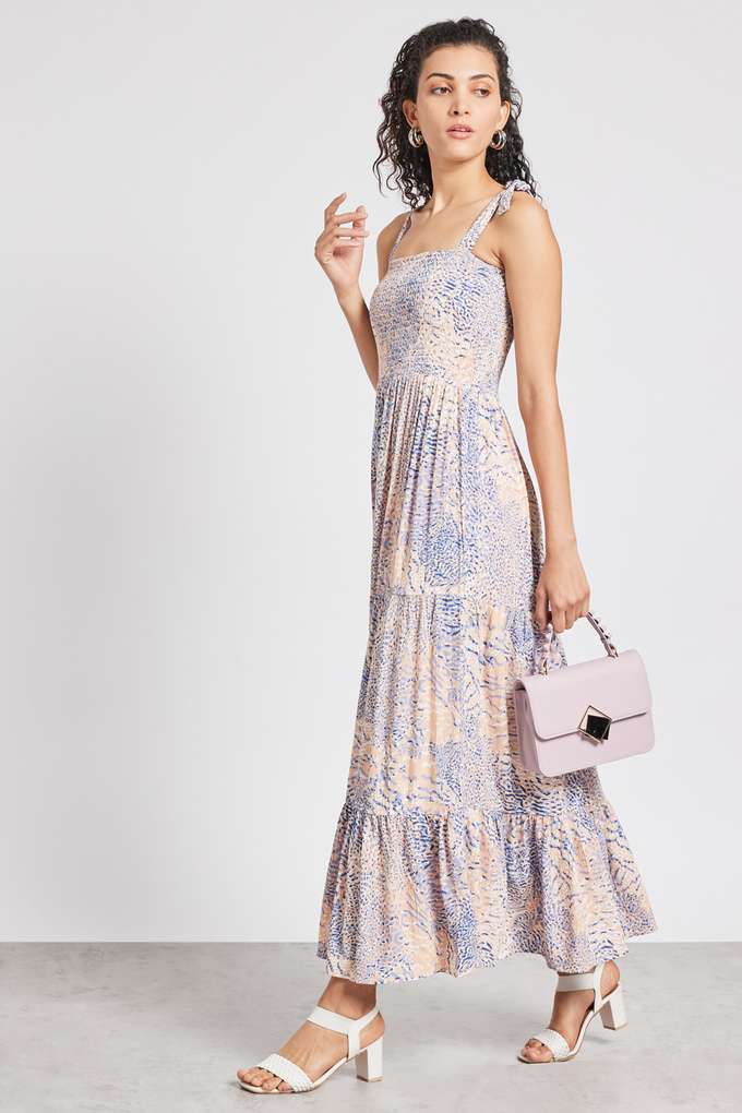 Printed-Viscose-Blend-Square-Neck-Women-s-Midi-Dress